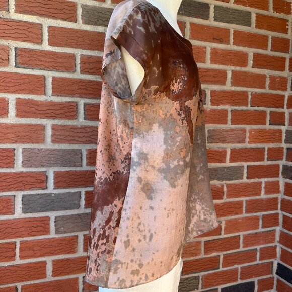 Eileen Fisher Short Sleeve Silk Round Neck Blouse - Abstract Muted Fall Colors - - Picture 2 of 4